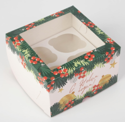 Изображение Коробка на 4 капкейка «Новогодний подарок» 16 х 16 х 10см